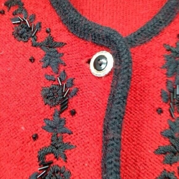 Vintage 90s JANSEN Womens Wool Blend Cardigan Medium Red Beaded Floral Holiday - Picture 6 of 8